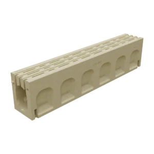 Beige plastic terminal block with multiple arched wire openings along the side used for electrical connections with a slotted top edge.