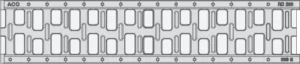 Long keyboard switch matrix on a circuit board with many rectangular switch housings, showing the keyboard layout.