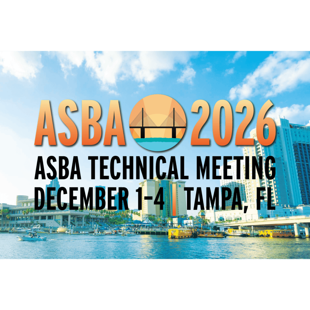ASBA 2026 conference poster with a circular bridge logo over a waterfront city, announcing the ASBA Technical Meeting December 1–4 in Tampa, FL.
