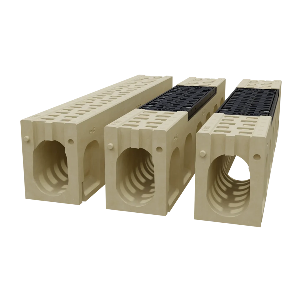 Beige hollow concrete masonry blocks with multiple rectangular cores, arranged in a row.