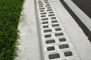 Drainage grate running along a concrete curb with grass on the left and pavement on the right.